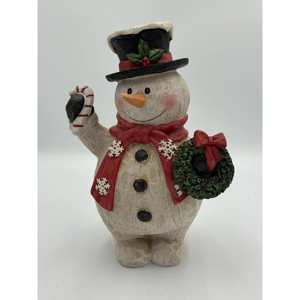 Glenhaven Snowman Figure Resin Christmas Decor Candy Cane Wreath